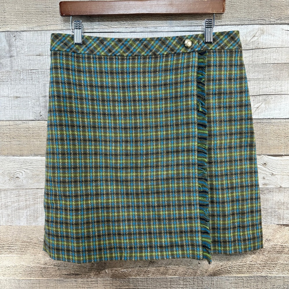 Talbots Petite Wool Blend Faux Wrap Fringe Plaid‎ Skirt Olive Blue Green 10P